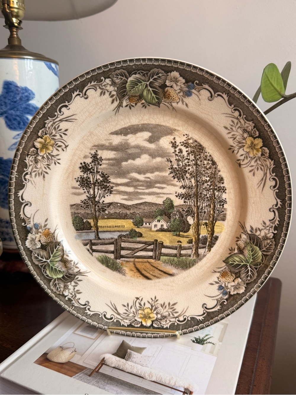 Vintage Scenic Farmhouse Decorative Dinner Plate - Cream, Brown, Green